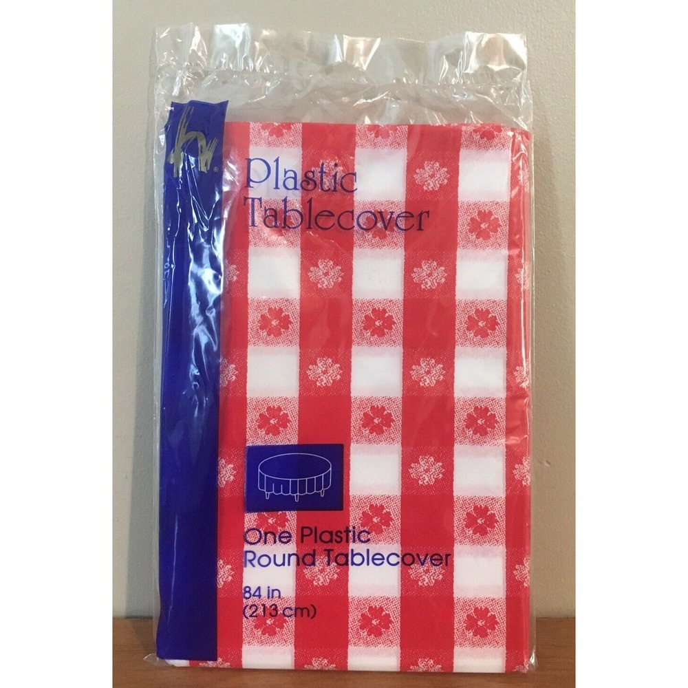 Hoffmaster RED GINGHAM ROUND PLASTIC TABLECOVER 84" Diameter - Case of 12